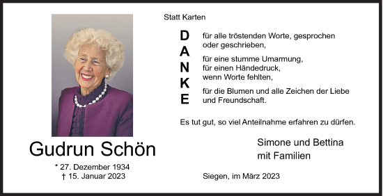 Traueranzeige von Gudrun Schön von Siegener Zeitung