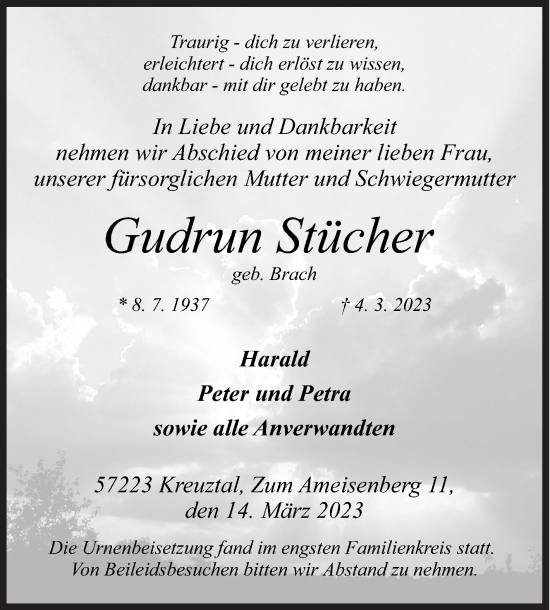 Traueranzeige von Gudrun Stücher von Siegener Zeitung