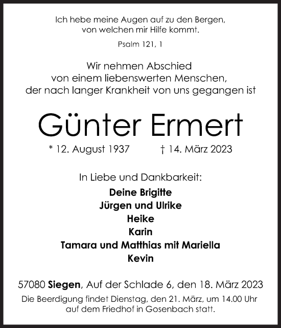 Traueranzeige von Günter Ermert von Siegener Zeitung