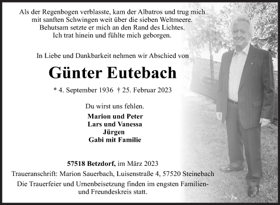 Traueranzeige von Günter Eutebach von Siegener Zeitung