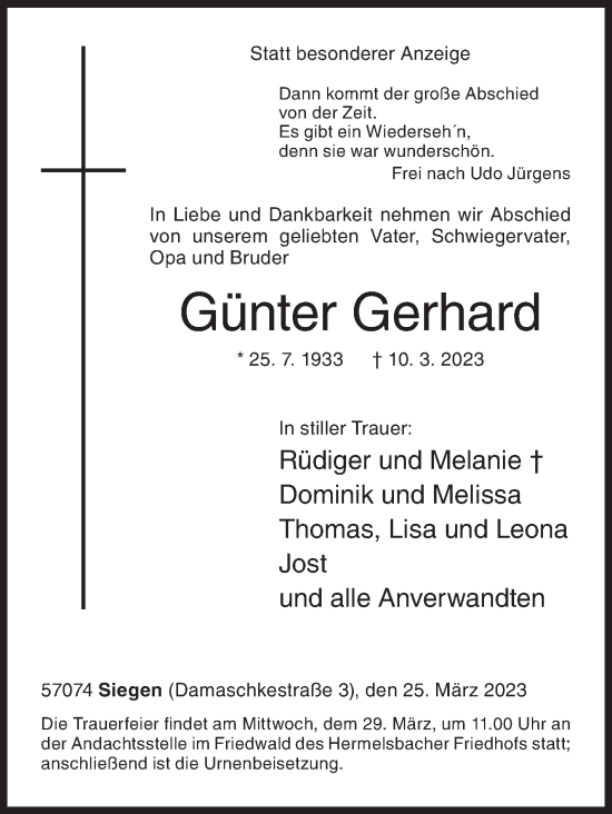 Traueranzeige von Günter Gerhard von Siegener Zeitung