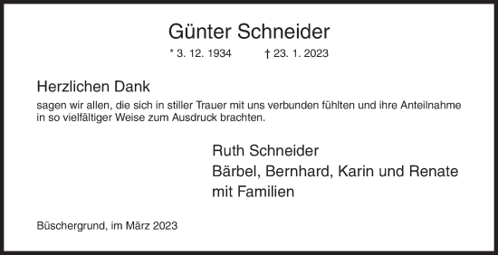 Traueranzeige von Günter Schneider von Siegener Zeitung
