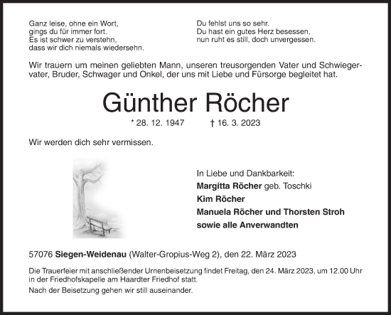 Traueranzeige von Günther Röcher von Siegener Zeitung