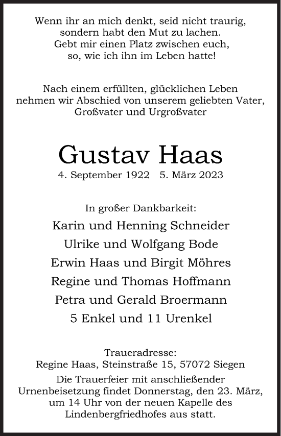 Traueranzeige von Gustav Haas von Siegener Zeitung
