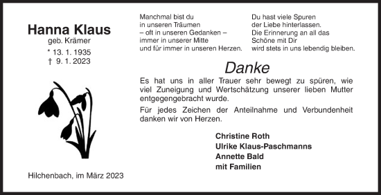 Traueranzeige von Hanna Klaus von Siegener Zeitung