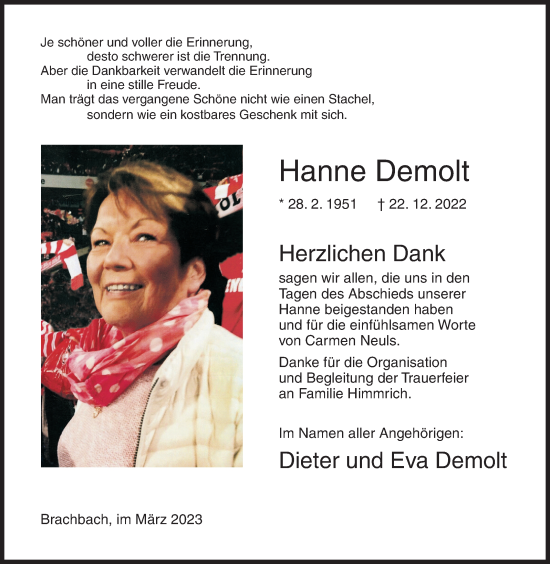 Traueranzeige von Hanne Demolt von Siegener Zeitung
