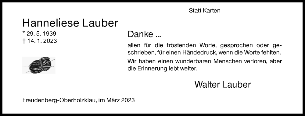  Traueranzeige für Hanneliese  Lauber vom 17.03.2023 aus Siegener Zeitung
