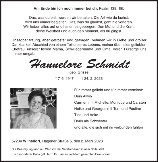 Traueranzeige von Hannelore Schmidt von Siegener Zeitung