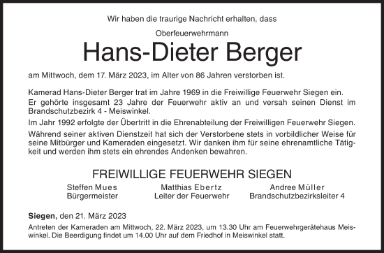 Traueranzeige von Hans-Dieter Berger von Siegener Zeitung