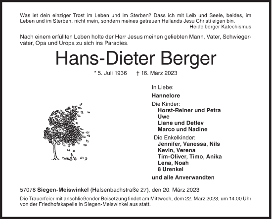 Traueranzeige von Hans-Dieter Berger von Siegener Zeitung