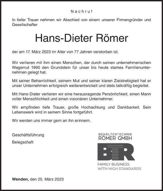 Traueranzeige von Hans-Dieter Römer von Siegener Zeitung