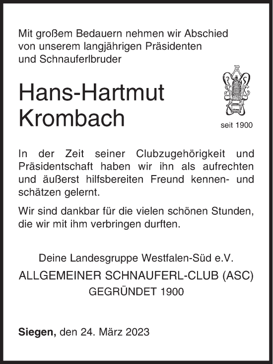 Traueranzeige von Hans-Hartmut Krombach von Siegener Zeitung