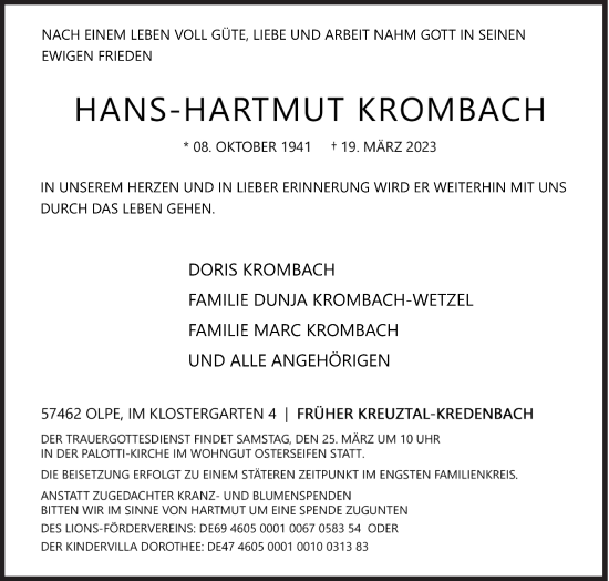 Traueranzeige von Hans-Hartmut Krombach von Siegener Zeitung