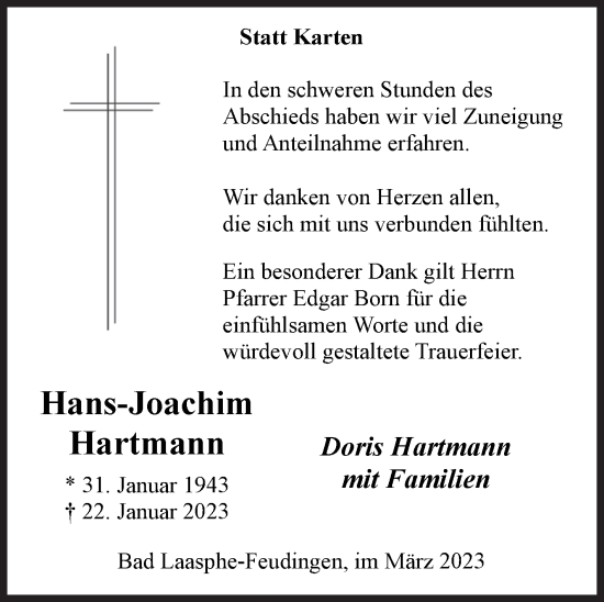 Traueranzeige von Hans-Joachim Hartmann von Siegener Zeitung