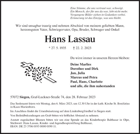 Traueranzeige von Hans Lassau von Siegener Zeitung