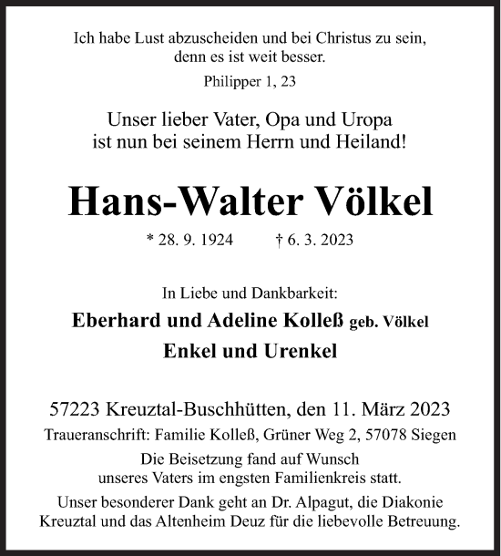 Traueranzeige von Hans-Walter Völkel von Siegener Zeitung