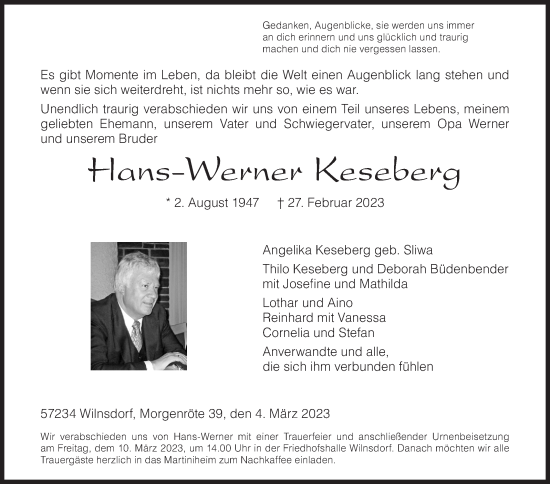 Traueranzeige von Hans-Werner Keseberg von Siegener Zeitung