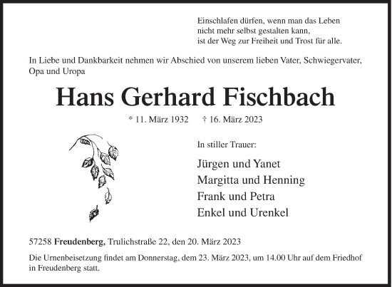 Traueranzeige von Hans Gerhard Fischbach von Siegener Zeitung