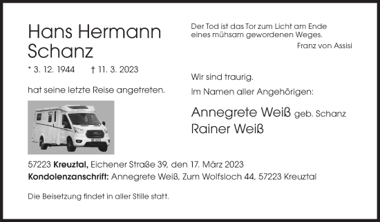 Traueranzeige von Hans Hermann Schanz von Siegener Zeitung