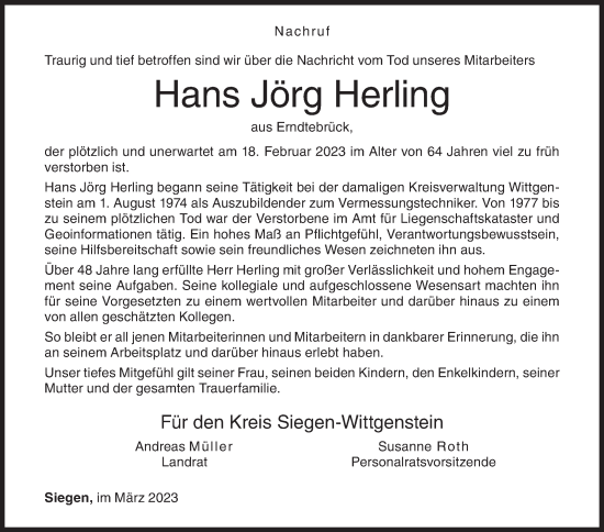 Traueranzeige von Hans Jörg Herling von Siegener Zeitung