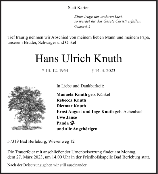 Traueranzeige von Hans Ulrich Knuth von Siegener Zeitung