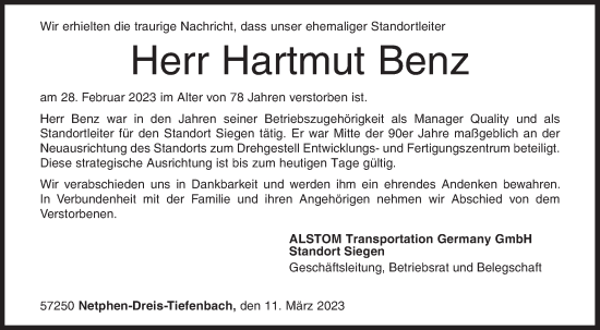Traueranzeige von Hartmut Benz von Siegener Zeitung