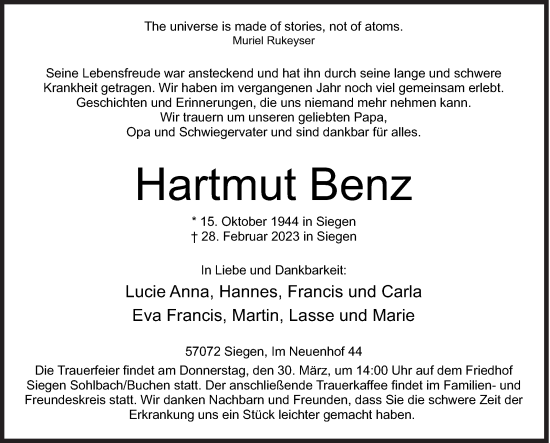 Traueranzeige von Hartmut Benz von Siegener Zeitung