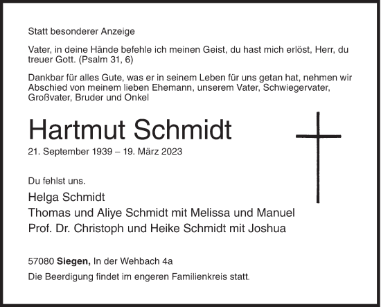 Traueranzeige von Hartmut Schmidt von Siegener Zeitung
