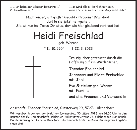Traueranzeige von Heidi Freischlad von Siegener Zeitung