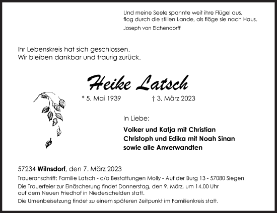 Traueranzeige von Heike Latsch von Siegener Zeitung