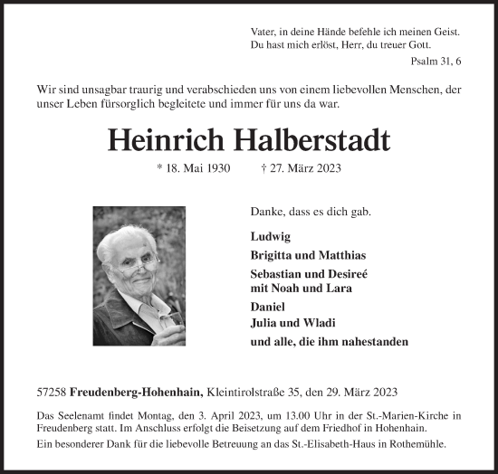 Traueranzeige von Heinrich Halberstadt von Siegener Zeitung
