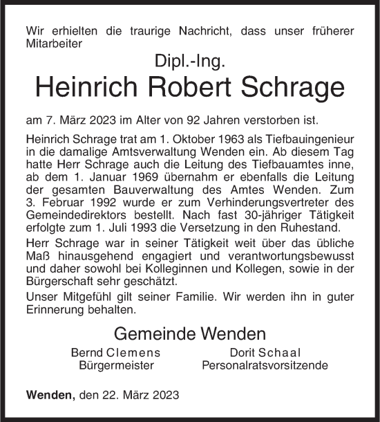 Traueranzeige von Heinrich Robert Schrage von Siegener Zeitung