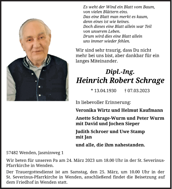 Traueranzeige von Heinrich Robert Schrage von Siegener Zeitung