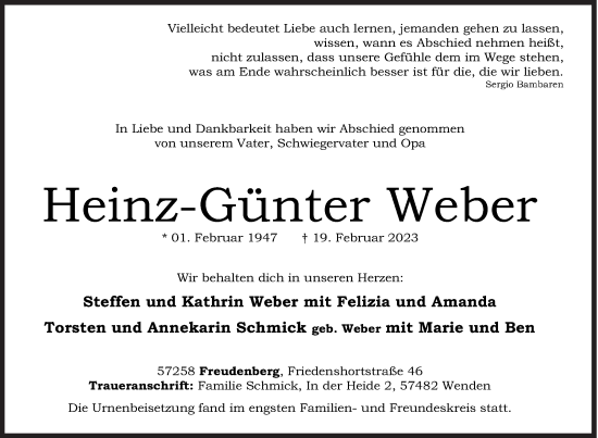 Traueranzeige von Heinz-Günter Weber von Siegener Zeitung
