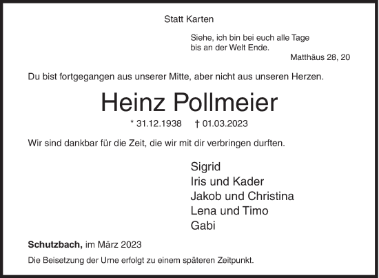 Traueranzeige von Heinz Pollmeier von Siegener Zeitung