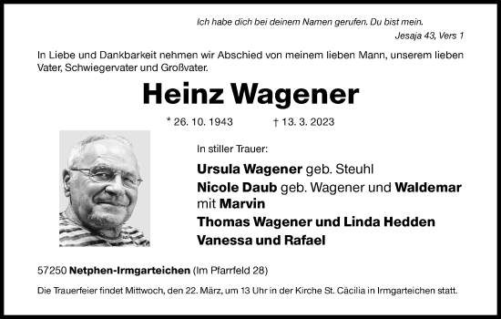 Traueranzeige von Heinz Wagener von Siegener Zeitung