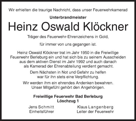 Traueranzeige von Heinz Oswald Klöckner von Siegener Zeitung