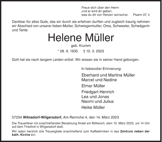 Traueranzeige von Helene Müller von Siegener Zeitung