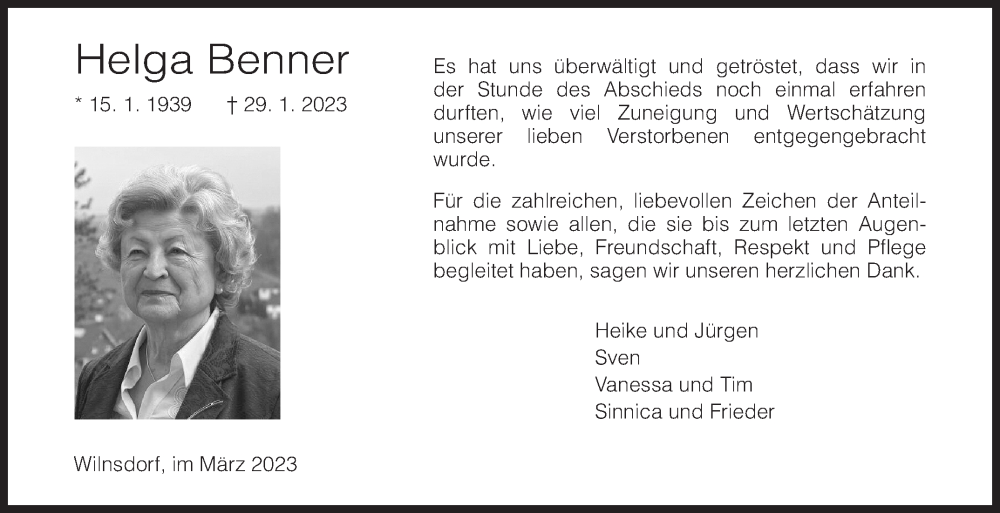  Traueranzeige für Helga Benner vom 04.03.2023 aus Siegener Zeitung