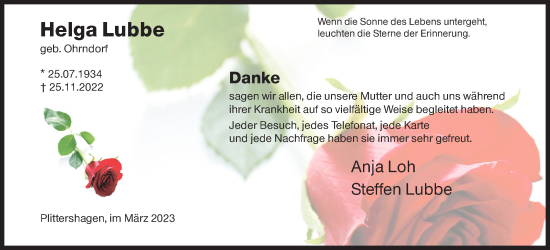 Traueranzeige von Helga Lubbe von Siegener Zeitung