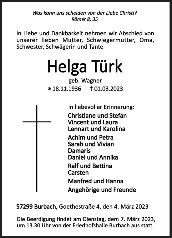 Traueranzeige von Helga Türk von Siegener Zeitung