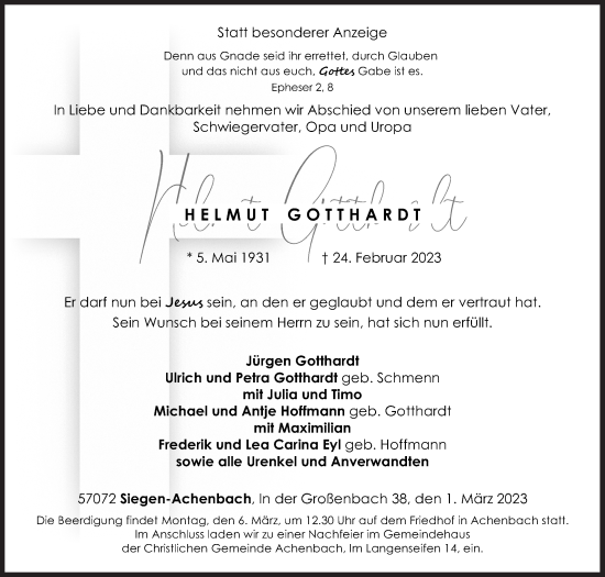 Traueranzeige von Helmut Gotthardt von Siegener Zeitung