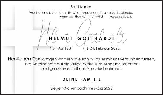 Traueranzeige von Helmut Gotthardt von Siegener Zeitung