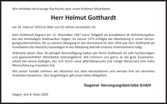 Traueranzeige von Helmut Gotthardt von Siegener Zeitung