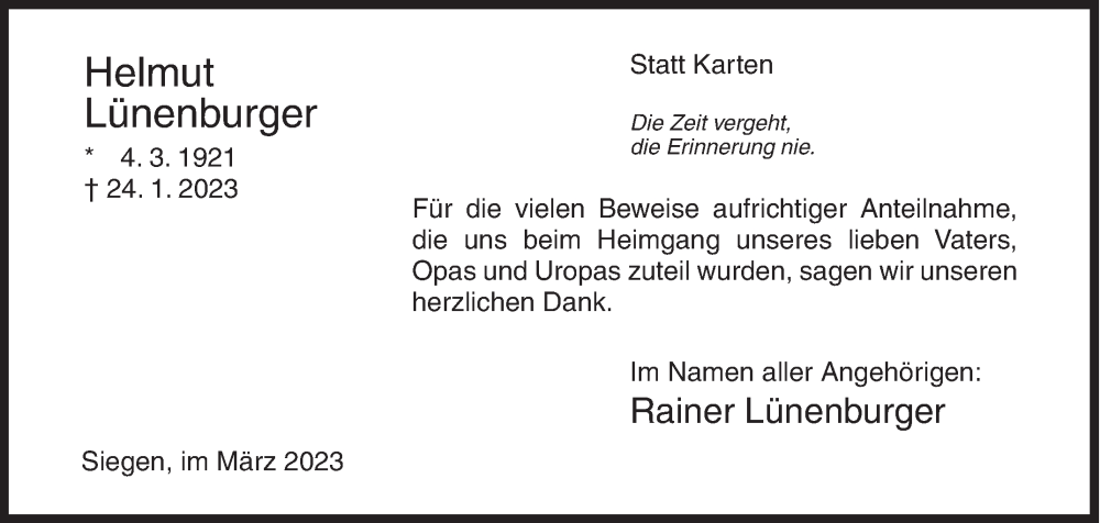  Traueranzeige für Helmut Lünenburger vom 17.03.2023 aus Siegener Zeitung