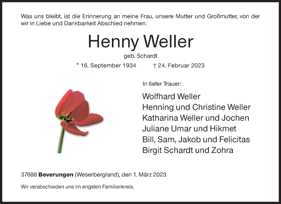 Traueranzeige von Henny Weller von Siegener Zeitung
