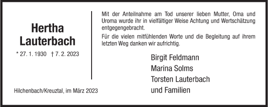 Traueranzeige von Hertha Lauterbach von Siegener Zeitung