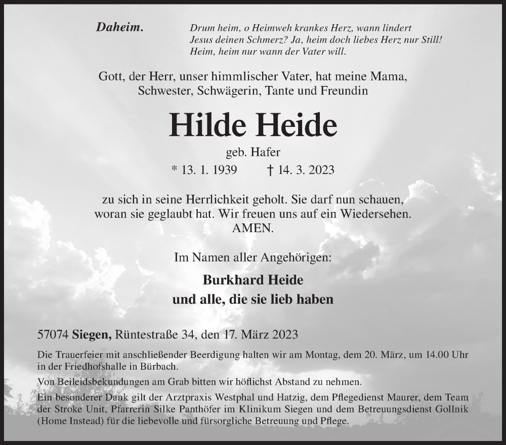  Traueranzeige für Hilde Heide vom 17.03.2023 aus Siegener Zeitung