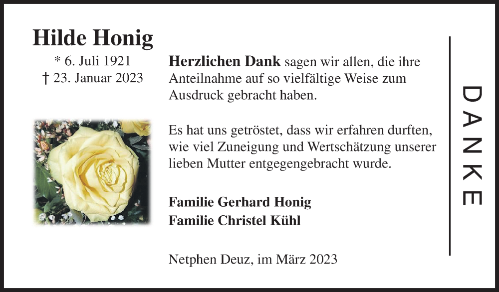  Traueranzeige für Hilde Honig vom 15.03.2023 aus Siegener Zeitung