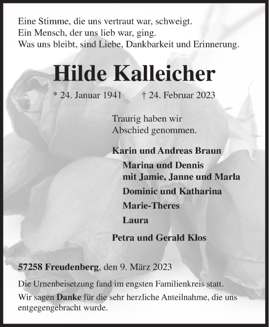 Traueranzeige von Hilde Kalleicher von Siegener Zeitung